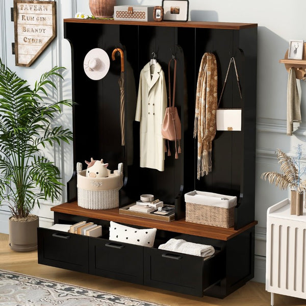 English Elm Vibe Haus Farmhouse Hall Tree with Bench Drawers Open Shelves and Coat Hooks Black 59.1 inches N893S000030B