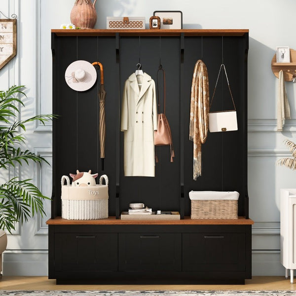 English Elm Vibe Haus Farmhouse Hall Tree with Bench Drawers Open Shelves and Coat Hooks Black 59.1 inches N893S000030B