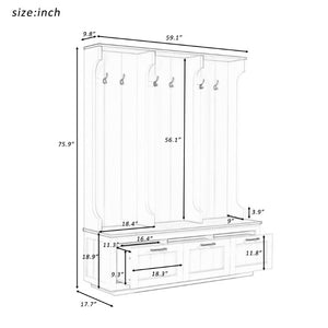 English Elm Vibe Haus Farmhouse Hall Tree with Bench Drawers Open Shelves and Coat Hooks Black 59.1 inches N893S000030B