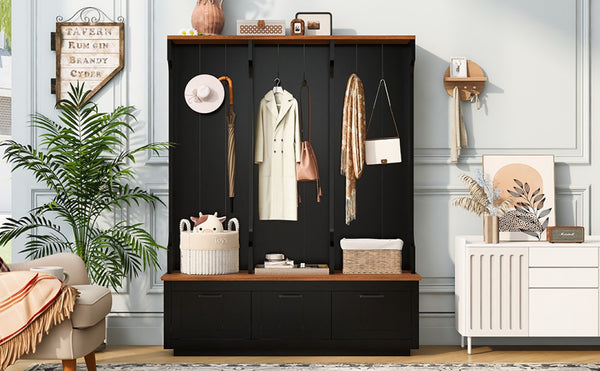 English Elm Vibe Haus Farmhouse Hall Tree with Bench Drawers Open Shelves and Coat Hooks Black 59.1 inches N893S000030B