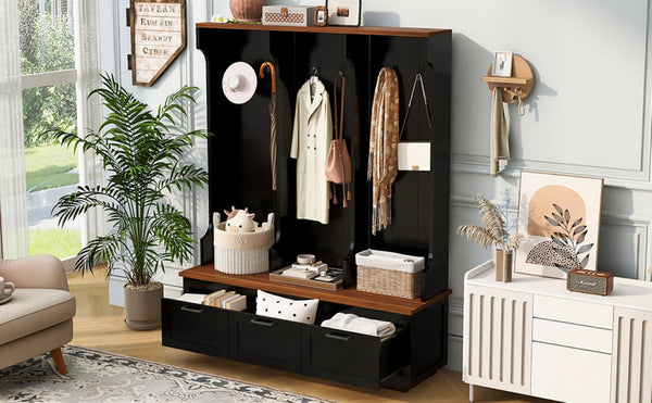 English Elm Vibe Haus Farmhouse Hall Tree with Bench Drawers Open Shelves and Coat Hooks Black 59.1 inches N893S000030B