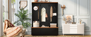English Elm Vibe Haus Farmhouse Hall Tree with Bench Drawers Open Shelves and Coat Hooks Black 59.1 inches N893S000030B