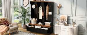 English Elm Vibe Haus Farmhouse Hall Tree with Bench Drawers Open Shelves and Coat Hooks Black 59.1 inches N893S000030B