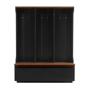 English Elm Vibe Haus Farmhouse Hall Tree with Bench Drawers Open Shelves and Coat Hooks Black 59.1 inches N893S000030B