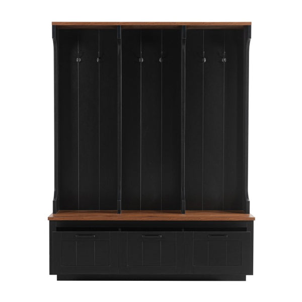 English Elm Vibe Haus Farmhouse Hall Tree with Bench Drawers Open Shelves and Coat Hooks Black 59.1 inches N893S000030B