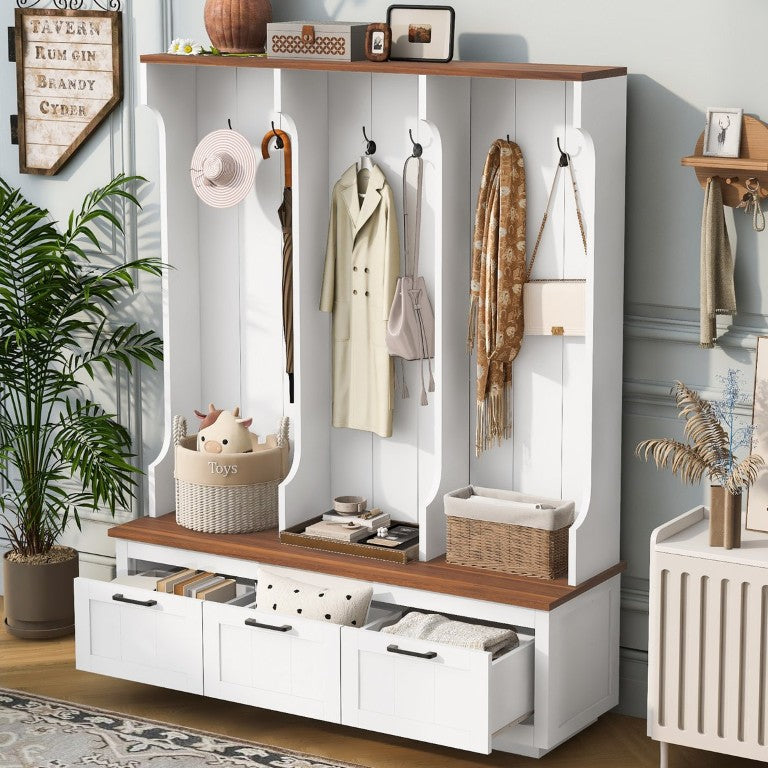 English Elm Vibe Haus Farmhouse Hall Tree with Bench Drawers Hooks and Open Shelving Mudroom N893S000030K