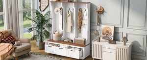 English Elm Vibe Haus Farmhouse Hall Tree with Bench Drawers Hooks and Open Shelving Mudroom N893S000030K