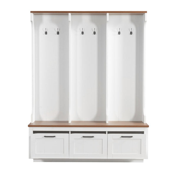 English Elm Vibe Haus Farmhouse Hall Tree with Bench Drawers Hooks and Open Shelving Mudroom N893S000030K
