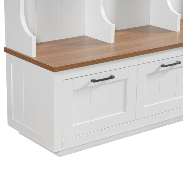 English Elm Vibe Haus Farmhouse Hall Tree with Bench Drawers Hooks and Open Shelving Mudroom N893S000030K