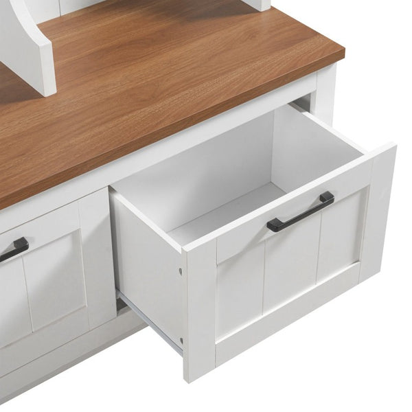 English Elm Vibe Haus Farmhouse Hall Tree with Bench Drawers Hooks and Open Shelving Mudroom N893S000030K