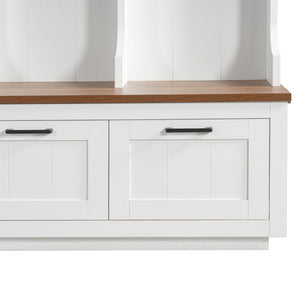 English Elm Vibe Haus Farmhouse Hall Tree with Bench Drawers Hooks and Open Shelving Mudroom N893S000030K
