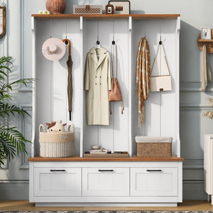 English Elm Vibe Haus Farmhouse Hall Tree with Bench Drawers Hooks and Open Shelving Mudroom N893S000030K