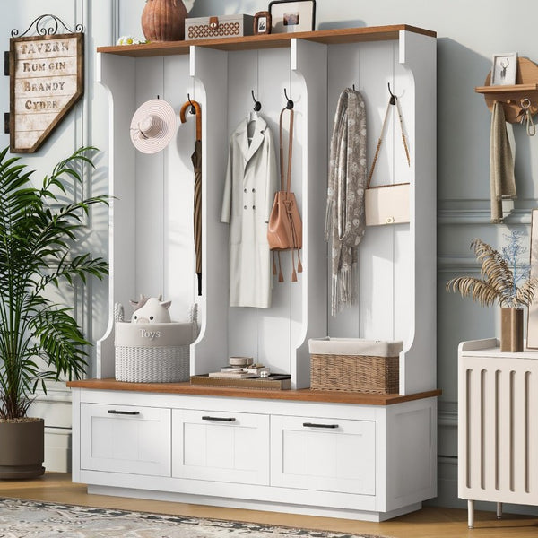 English Elm Vibe Haus Farmhouse Hall Tree with Bench Drawers Hooks and Open Shelving Mudroom N893S000030K