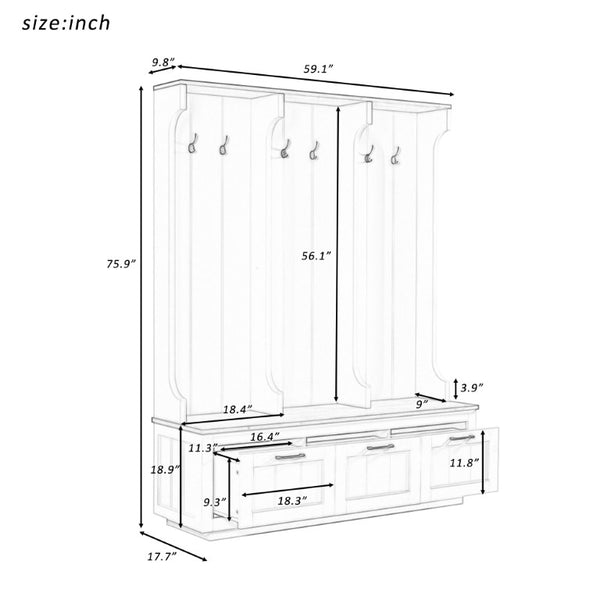 English Elm Vibe Haus Farmhouse Hall Tree with Bench Drawers Hooks and Open Shelving Mudroom N893S000030K
