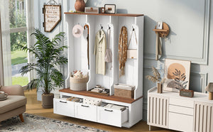 English Elm Vibe Haus Farmhouse Hall Tree with Bench Drawers Hooks and Open Shelving Mudroom N893S000030K