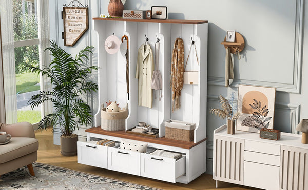 English Elm Vibe Haus Farmhouse Hall Tree with Bench Drawers Hooks and Open Shelving Mudroom N893S000030K