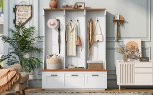 English Elm Vibe Haus Farmhouse Hall Tree with Bench Drawers Hooks and Open Shelving Mudroom N893S000030K
