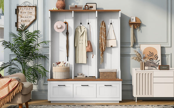 English Elm Vibe Haus Farmhouse Hall Tree with Bench Drawers Hooks and Open Shelving Mudroom N893S000030K