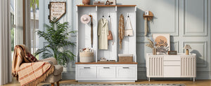English Elm Vibe Haus Farmhouse Hall Tree with Bench Drawers Hooks and Open Shelving Mudroom N893S000030K