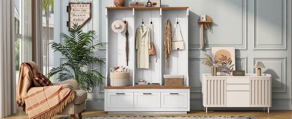 English Elm Vibe Haus Farmhouse Hall Tree with Bench Drawers Hooks and Open Shelving Mudroom N893S000030K