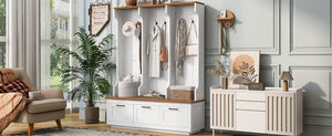 English Elm Vibe Haus Farmhouse Hall Tree with Bench Drawers Hooks and Open Shelving Mudroom N893S000030K