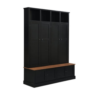 English Elm Vibe Haus Farmhouse Hall Tree with Bench Cabinet and Hidden Shoe Storage Organizer Black N893S000032B