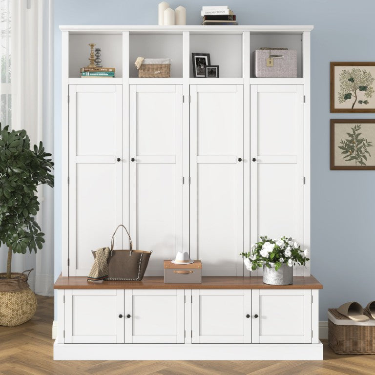 English Elm Vibe Haus Farmhouse Hall Tree with Bench Cabinet and Hidden Shoe Storage Organizer White N893S000032K
