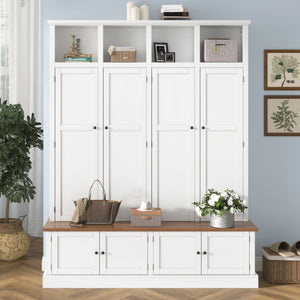 English Elm Vibe Haus Farmhouse Hall Tree with Bench Cabinet and Hidden Shoe Storage Organizer White N893S000032K