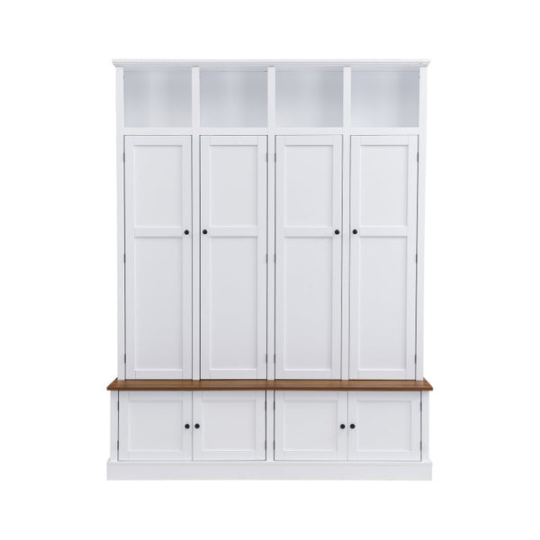 English Elm Vibe Haus Farmhouse Hall Tree with Bench Cabinet and Hidden Shoe Storage Organizer White N893S000032K