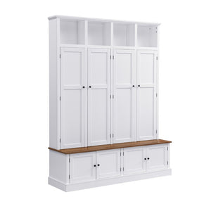 English Elm Vibe Haus Farmhouse Hall Tree with Bench Cabinet and Hidden Shoe Storage Organizer White N893S000032K