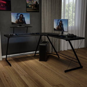 English Elm Ginny L-Shaped Desk: Stylish Space-Saving Corner Workstation for Home Office & Gaming Setup Black Top/Black Frame NAN-CD-22181-BK-BK-GG