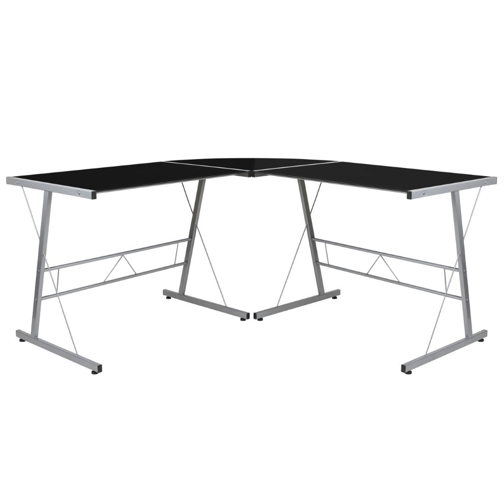 English Elm Ginny L-Shaped Corner Desk for Home Office & Gaming, Stylish Glass Surface, Easy Assembly, Modern Design Black Top/Silver Frame NAN-CD-22181-BK-GG