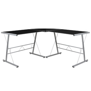English Elm Ginny L-Shaped Corner Desk for Home Office & Gaming, Stylish Glass Surface, Easy Assembly, Modern Design Black Top/Silver Frame NAN-CD-22181-BK-GG