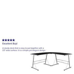 English Elm Ginny L-Shaped Corner Desk for Home Office & Gaming, Stylish Glass Surface, Easy Assembly, Modern Design Black Top/Silver Frame NAN-CD-22181-BK-GG