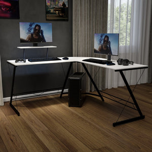 English Elm Ginny L-Shaped Desk: Stylish Space-Saving Corner Workstation for Home Office & Gaming Setup White Top/Black Frame NAN-CD-22181-WH-BK-GG