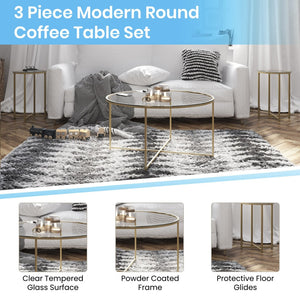 English Elm Greenwich 3-Piece Coffee and End Table Set - Elegant Clear Glass with Stylish Brushed Gold Frame NAN-CEK-10-GG
