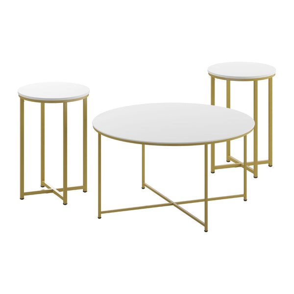 English Elm Hampstead Collection 3-Piece Coffee and End Table Set - Modern Elegance with Durable Design White Top/Brushed Gold Frame NAN-CEK-12-GG