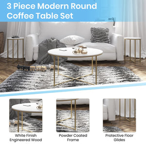 English Elm Hampstead Collection 3-Piece Coffee and End Table Set - Modern Elegance with Durable Design White Top/Brushed Gold Frame NAN-CEK-12-GG