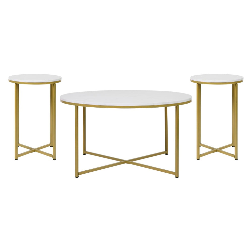 English Elm Hampstead Collection 3-Piece Coffee and End Table Set - Modern Elegance with Durable Design White Marble Top/Brushed Gold Frame NAN-CEK-1787-MRBL-GG