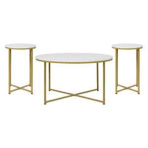 English Elm Hampstead Collection 3-Piece Coffee and End Table Set - Modern Elegance with Durable Design White Marble Top/Brushed Gold Frame NAN-CEK-1787-MRBL-GG