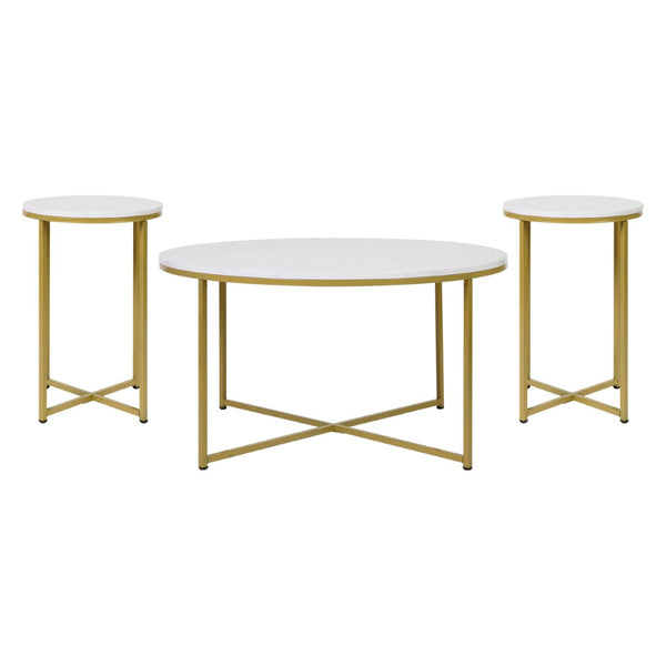 English Elm Hampstead Collection 3-Piece Coffee and End Table Set - Modern Elegance with Durable Design White Marble Top/Brushed Gold Frame NAN-CEK-1787-MRBL-GG