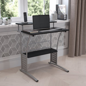English Elm Clifton Compact Computer Desk with Monitor Shelf - Stylish Mixed-Media Design for Small Spaces Black NAN-CLIFTON-BK-GG