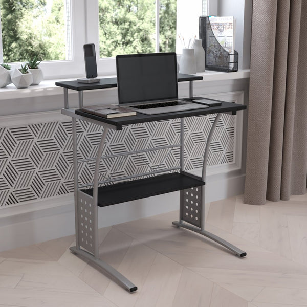 English Elm Clifton Compact Computer Desk with Monitor Shelf - Stylish Mixed-Media Design for Small Spaces Black NAN-CLIFTON-BK-GG