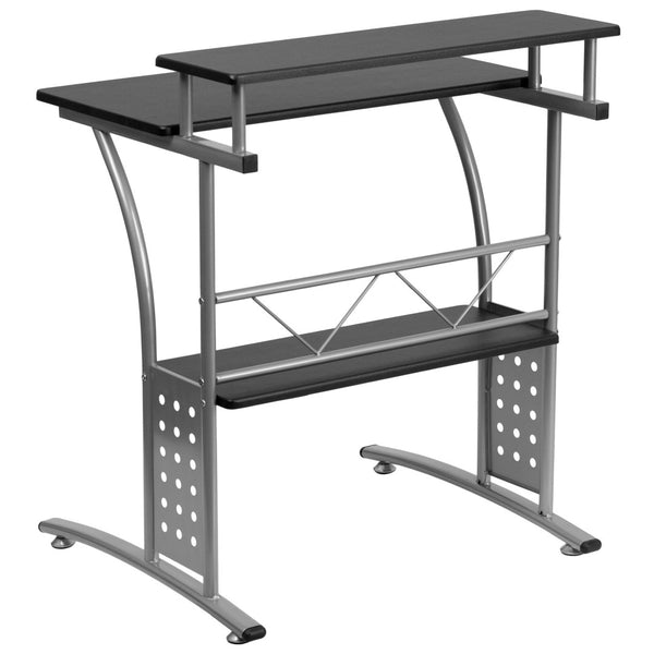 English Elm Clifton Compact Computer Desk with Monitor Shelf - Stylish Mixed-Media Design for Small Spaces Black NAN-CLIFTON-BK-GG