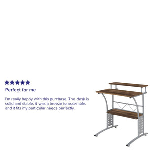 English Elm Clifton Compact Computer Desk with Monitor Shelf - Stylish Mixed-Media Design for Small Spaces Rustic Walnut NAN-CLIFTON-RU-GG