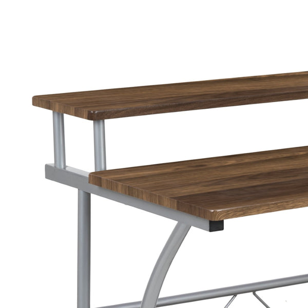 English Elm Clifton Compact Computer Desk with Monitor Shelf - Stylish Mixed-Media Design for Small Spaces Rustic Walnut NAN-CLIFTON-RU-GG