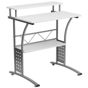 English Elm Clifton Compact Computer Desk with Monitor Shelf - Stylish Mixed-Media Design for Small Spaces White NAN-CLIFTON-WH-GG