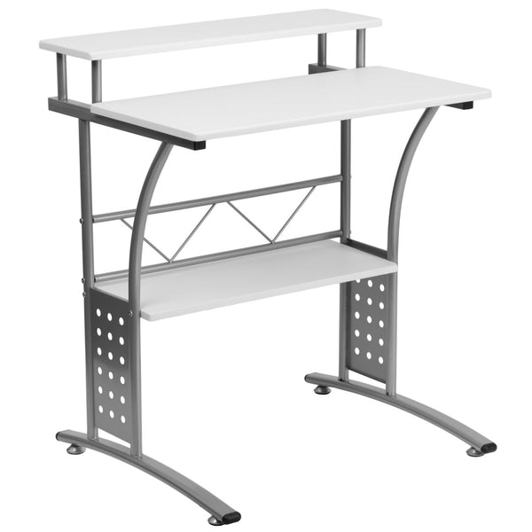 English Elm Clifton Compact Computer Desk with Monitor Shelf - Stylish Mixed-Media Design for Small Spaces White NAN-CLIFTON-WH-GG