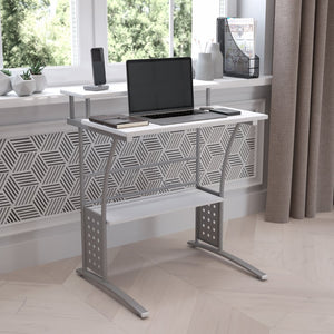 English Elm Clifton Compact Computer Desk with Monitor Shelf - Stylish Mixed-Media Design for Small Spaces White NAN-CLIFTON-WH-GG