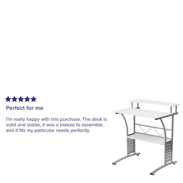 English Elm Clifton Compact Computer Desk with Monitor Shelf - Stylish Mixed-Media Design for Small Spaces White NAN-CLIFTON-WH-GG